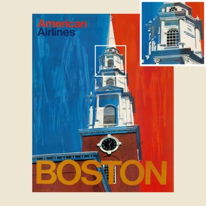 Op de afbeelding: Een vintage reisposter voor American Airlines met een witte torenkerk met een klok en de tekst "American Airlines" en "BOSTON" in oranje.