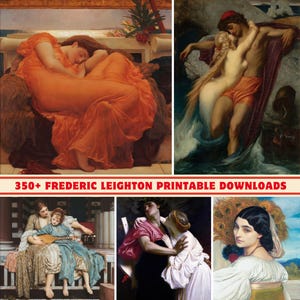 May include: A collection of five paintings by Frederic Leighton, depicting various scenes of romance and mythology. The paintings are in a classical style, with rich colours and detailed brushwork.