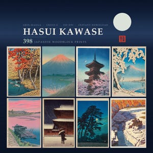 May include: A digital collection of 398 Hasui Kawase Japanese woodblock prints featuring Shin-Hanga and Ukiyo-E styles. The image displays eight distinct landscape scenes including mountains, temples, snowy forests, and rivers, with text overlays.