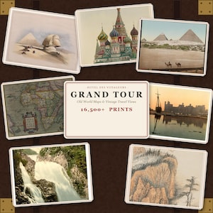 Op de afbeelding: Een verzameling vintage reisprints met de Sfinx en piramides, de Basiliuskathedraal, een antieke kaart van Afrika, een kustsilhouet, een waterval en een landschapsschilderij, met een centraal bord HOTEL DES VOYAGEURS GRAND TOUR.