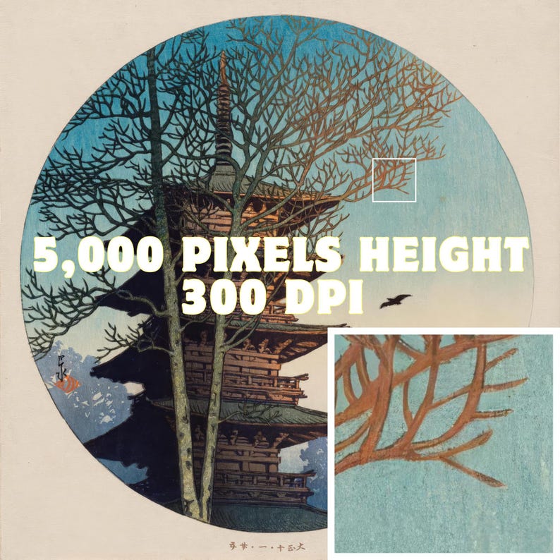 May include: A vintage Japanese woodblock print depicting a pagoda with a blue sky and brown trees. The print is titled "春  一  寸  大" in Japanese characters. The image is 5,000 pixels high and 300 DPI.