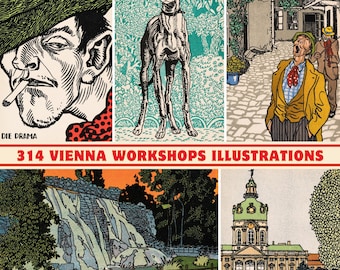 May include: A collection of vintage-style illustrations from the "314 Vienna Workshops Illustrations" series. The images include a portrait of a man smoking, a tall dog, a street scene, a waterfall, and a building.
