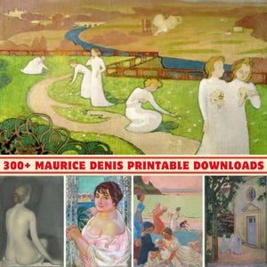 Pode incluir: Uma coleção de quatro pinturas de Maurice Denis. A primeira pintura retrata um grupo de mulheres em vestidos brancos caminhando por um caminho em um campo verde. A segunda pintura mostra uma mulher em um vestido rosa sentada perto de uma janela. A terceira pintura apresenta um grupo de pessoas em uma praia. A quarta pintura mostra um prédio branco com uma árvore na frente.