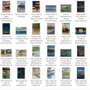 May include: A collection of 12 vintage Japanese woodblock prints depicting various scenes of Tokyo and surrounding areas. The prints are in a traditional style with vibrant colors and detailed imagery. Each print features a title and artist's name.