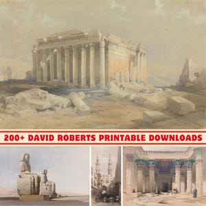 Può includere: Stampa ad acquerello seppia di antiche rovine con colonne e detriti. L'immagine presenta un banner rosso con il testo "200+ DAVID ROBERTS PRINTABLE DOWNLOADS". Ulteriori immagini di architettura antica sono sottostanti.