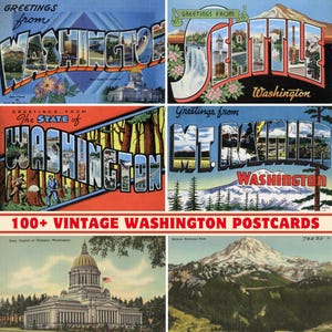 100+ vintage collectie wenskaarten en ansichtkaarten in de staat Washington | 300 dpi afdrukbaar | Digitale printset | Bezienswaardigheden en landschap in Washington