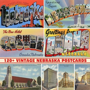 Collezione di oltre 120 cartoline e biglietti d'auguri vintage dello Stato del Nebraska / Stampabili a 300 DPI / Set di stampe digitali / Monumenti e paesaggi del Nebraska