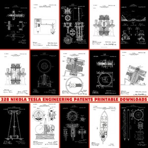 Może przedstawiać: Kolaż 10 czarno-białych obrazów patentów inżynieryjnych Nikoli Tesli. Obrazy są ułożone w siatkę 5 wierszy i 2 kolumn. Obrazy są dostępne w domenie publicznej i można ich używać bezpłatnie. 328 Patentów inżynieryjnych Nikoli Tesli Pliki do pobrania do wydruku.