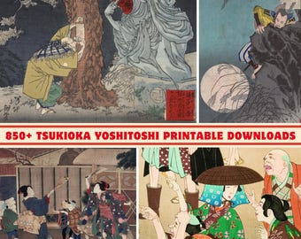 Pode incluir: Uma coleção de gravuras em madeira japonesas de Tsukioka Yoshitoshi. As gravuras retratam cenas com figuras, incluindo uma figura fantasmagórica com traços vermelhos, e outras cenas com pessoas em roupas tradicionais. O texto "850+ TSUKIOKA YOSHITOSHI PRINTABLE DOWNLOADS" é visível.