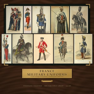 May include: A collection of ten historical military illustrations featuring soldiers in various uniforms, including mounted cavalry and infantry. Below the images, a gold plaque displays the text: FRANCE MILITARY UNIFORMS 6,296 vintage army plates.