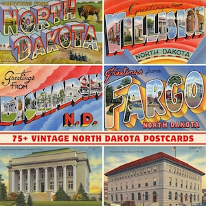 Collezione di oltre 75 cartoline e biglietti d'auguri vintage dello Stato del Dakota del Nord / Stampabili a 300 DPI / Set di stampe digitali / Monumenti e paesaggi del Dakota del Nord
