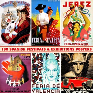 May include: A collage of six vintage Spanish festival and exhibition posters. The posters feature colorful illustrations of people, buildings, and events. The text on the posters includes the names of the festivals and exhibitions, the dates, and the locations.