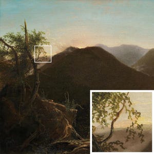 May include: A painting of a mountain landscape with a single tree in the foreground. The sky is a pale blue, and the mountains are a dark green. The sun is setting behind the mountains, casting a warm glow on the scene.