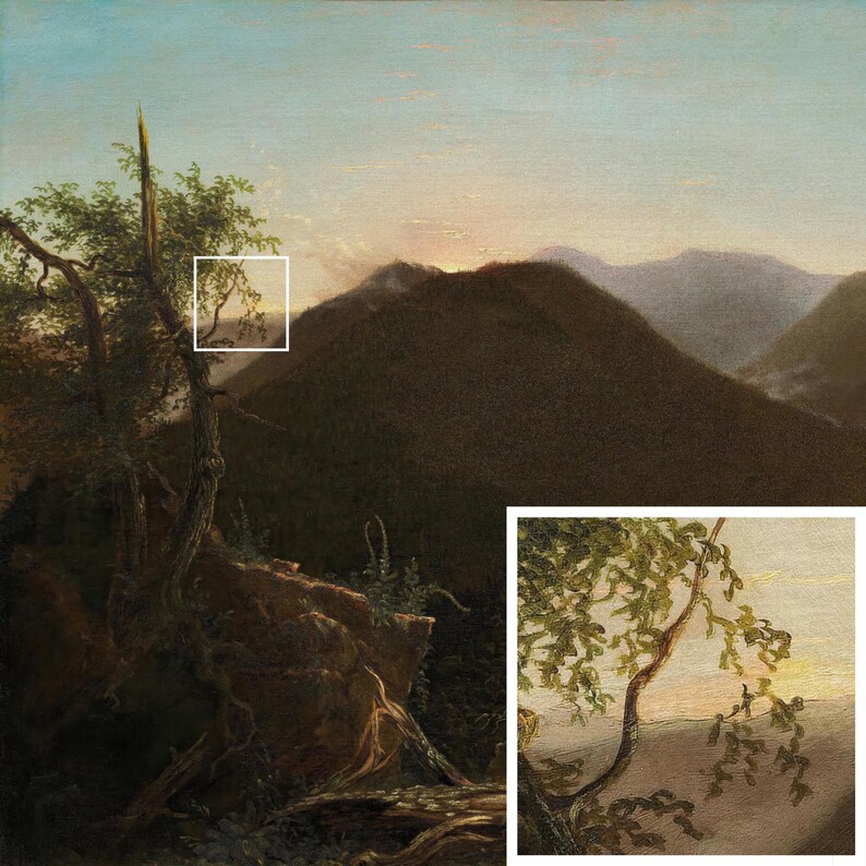 May include: A painting of a mountain landscape with a single tree in the foreground. The sky is a pale blue, and the mountains are a dark green. The sun is setting behind the mountains, casting a warm glow on the scene.