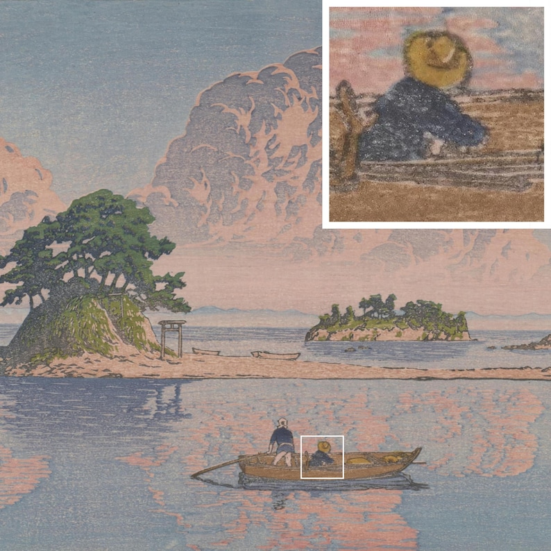 May include: A Japanese woodblock print depicting a serene seascape with a small island in the foreground. Two figures are in a boat on the water, with a larger island in the background. The sky is a soft pink and blue, with clouds.