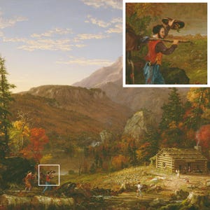 May include: A painting depicting a mountainous landscape with a log cabin in the foreground. The scene is set in the fall with colorful foliage and a lake in the distance. Two figures are walking in the foreground, and a third figure is visible in the distance, holding a rifle and a hat.