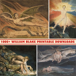 以下が含まれることがあります： ウィリアム・ブレイクの水彩画4枚のコラージュ。翼と槍を持つ人物や、カラフルな光の前に腕を広げた人物など、さまざまなポーズの裸体を描いています。下部には「1000+ WILLIAM BLAKE PRINTABLE DOWNLOADS」と書かれています。