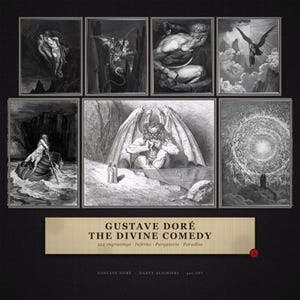 Op de afbeelding: Een verzameling zwart-wit gravures van Gustave Doré uit De Goddelijke Komedie, met scènes uit Inferno, Purgatorio en Paradiso. De tekst luidt: GUSTAVE DORÉ THE DIVINE COMEDY 124 engravings Inferno Purgatorio Paradiso.