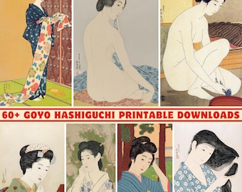 May include: A collection of six vintage Japanese woodblock prints featuring women in various poses and settings. The prints are in a traditional style with vibrant colors and intricate details. The prints are titled "60+ GOYO HASHIGUCHI PRINTABLE DOWNLOADS".