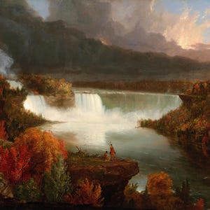 May include: A painting depicting a dramatic landscape with a waterfall cascading over a rocky cliff. The scene is dominated by a powerful waterfall, with a misty spray and a rushing current. The painting features a vibrant palette of colors, including shades of blue, green, brown, and white. The foreground features a group of figures standing on a rocky outcrop, observing the waterfall. The painting evokes a sense of awe and wonder at the power of nature.