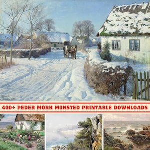 May include: A snowy winter scene with a horse-drawn carriage traveling down a road in a small village. The houses are covered in snow and the trees are bare. The sky is blue and the sun is shining.