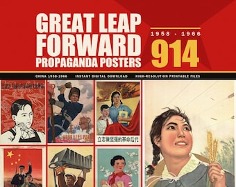 May include: A digital collection of 914 Great Leap Forward propaganda posters from 1958-1966. The red background features a large star and white text. Below, a grid displays various historical posters depicting workers, students, and farmers.
