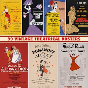 May include: A collection of 99 vintage theatrical posters. The posters feature colorful illustrations and text promoting various plays and musicals, including "New Girl in Town" and "Last of the Red Hot Lovers."
