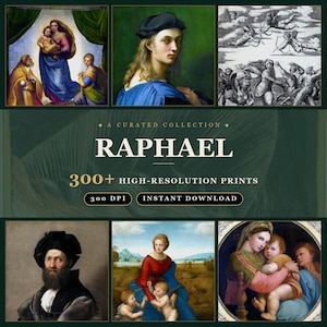 Puede incluir: Una colección digital de obras de arte de Rafael con más de 300 impresiones de alta resolución a 300 DPI para descarga instantánea. El gráfico incluye seis pinturas clásicas, el texto A CURATED COLLECTION RAPHAEL y 300+ HIGH-RESOLUTION PRINTS.