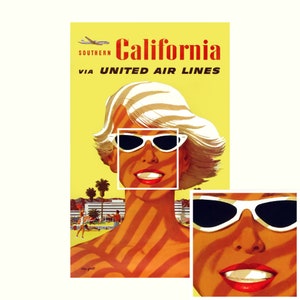 Op de afbeelding: Een vintage reisposter die reclame maakt voor een reis naar Californi&euml; via United Air Lines. De poster toont een vrouw met blond haar die een witte zonnebril en een witte badpak draagt. De vrouw staat voor een strandsc&egrave;ne met palmbomen en een hotel op de achtergrond. De poster is geel met rode en zwarte tekst.
