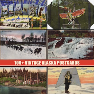 Peut inclure: Une collection de cartes postales vintage illustrant des scènes d'Alaska, dont un attelage de chiens, un totem, une cascade avec des saumons et une personne à ski avec une voile. Le texte 100+ VINTAGE ALASKA POSTCARDS figure sur une bannière rouge.