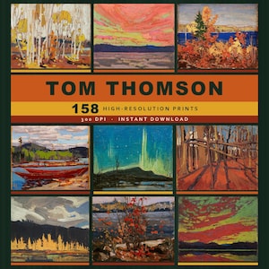 Puede incluir: Una colección digital de 158 impresiones de alta resolución de Tom Thomson, con una cuadrícula de nueve pinturas de paisajes. Las obras muestran diversas escenas, incluyendo bosques de abedules, atardeceres vibrantes, auroras boreales y canoas rojas.