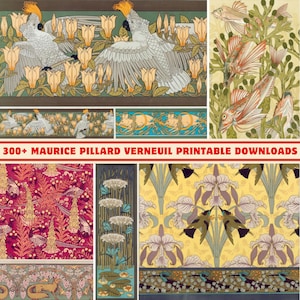 Puede incluir: Una colección de ilustraciones de estilo Art Nouveau con pájaros, peces y patrones florales en tonos de blanco, amarillo, verde y rojo. El texto "300+ MAURICE PILLARD VERNEUIL PRINTABLE DOWNLOADS" se muestra en rojo.