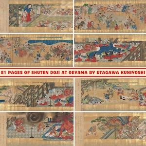 May include: A set of eight scrolls depicting scenes from the Japanese folktale "Shuten Doji at Oeyama" by Utagawa Kuniyoshi. The scrolls are painted in vibrant colors on a gold background and feature detailed illustrations of characters and landscapes.