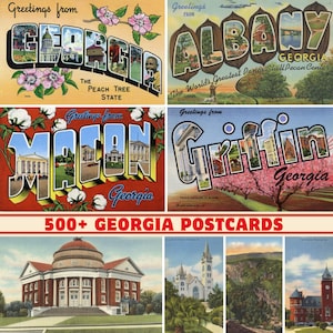 Plus de 500 cartes de voeux et cartes postales vintage de l'État de Géorgie | 300 ppp imprimable | Ensemble d'impression numérique |  Monuments et paysages de Géorgie