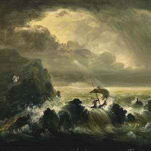 May include: A painting depicting a stormy seascape with a small boat and two figures struggling against the waves. The sky is dark and dramatic, with a ray of light breaking through the clouds. The painting is a powerful depiction of the forces of nature.