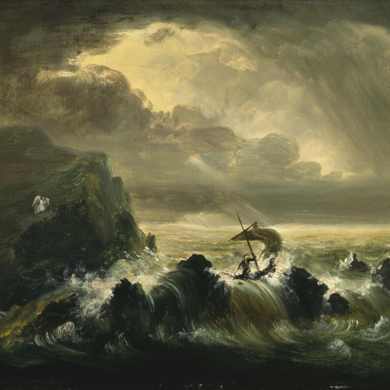 May include: A painting depicting a stormy seascape with a small boat and two figures struggling against the waves. The sky is dark and dramatic, with a ray of light breaking through the clouds. The painting is a powerful depiction of the forces of nature.