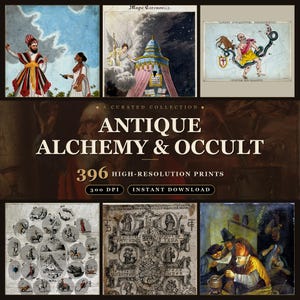 Könnte beinhalten: Eine digitale Sammlung von 396 hochauflösenden Drucken mit dem Titel Antique Alchemy & Occult. Das Bild zeigt ein Raster aus historischen Illustrationen, darunter Figuren in traditioneller Kleidung, Himmelskarten und komplexe symbolische Diagramme.