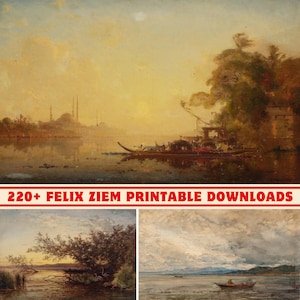 Può includere: Un dipinto a olio raffigurante un sereno paesaggio acquatico con una barca ed edifici lontani sotto un cielo caldo e dorato. L'opera presenta una barca con figure, alberi e il testo "220+ FELIX ZIEM PRINTABLE DOWNLOADS".
