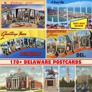 Plus de 170 cartes de voeux et cartes postales vintage de l'État du Delaware | 300 ppp imprimable | Ensemble d'impression numérique |  Sites et paysages du Delaware