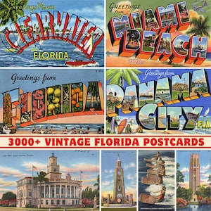 Colección de más de 3000 tarjetas de felicitación y postales antiguas del estado de Florida / Impresión digital de 300 ppp / Lugares y paisajes de Florida