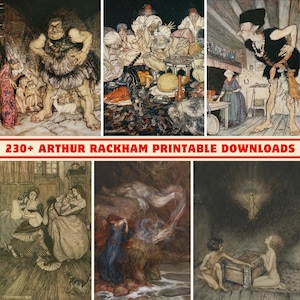 Op de afbeelding: Een verzameling van zes vintage illustraties van Arthur Rackham. De afbeeldingen tonen scènes uit sprookjes en fantasieverhalen, met personages als reuzen, figuren met tulbanden en vrouwen in jurken. De tekst "230+ ARTHUR RACKHAM PRINTABLE DOWNLOADS" wordt in het rood weergegeven.