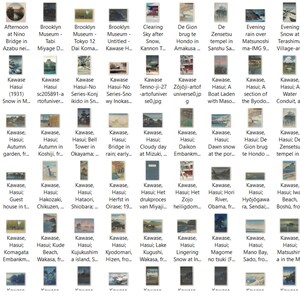 May include: A collection of vintage Japanese woodblock prints depicting various scenes, including bridges, temples, and landscapes. The prints are framed and displayed in a grid pattern.