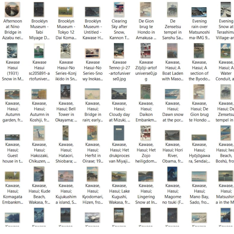 May include: A collection of vintage Japanese woodblock prints depicting various scenes, including bridges, temples, and landscapes. The prints are framed and displayed in a grid pattern.