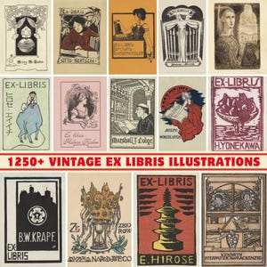 Vintage Ex Libris Illustrations: 1250+ Retro Bookplates (300 DPI Printable) (PDF Guide Included)