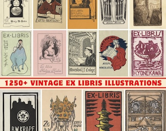 Vintage Ex Libris Illustrations: 1250+ Retro Bookplates (300 DPI Printable) (PDF Guide Included)