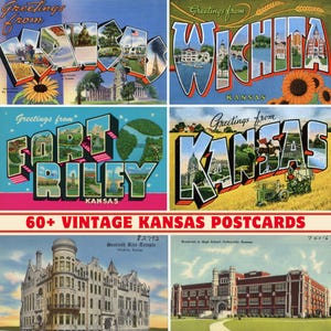 Collezione di oltre 60 cartoline e biglietti d'auguri vintage dello Stato del Kansas / Stampabili a 300 DPI / Set di stampe digitali / Monumenti e paesaggi del Kansas