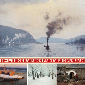 Peut inclure: Une collection de plus de 50 impressions d'art imprimables mettant en vedette le travail de L. Birge Harrison. Les impressions représentent une variété de paysages, notamment une scène de rivière avec un bateau à vapeur, une forêt enneigée et un bâtiment rustique.