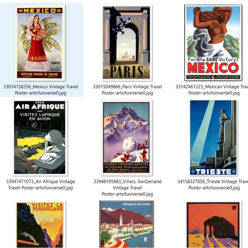 Op de afbeelding: Een verzameling vintage reisposters met bestemmingen zoals Mexico, Parijs, Zwitserland en Tri&euml;st. De posters zijn kleurrijk en bevatten illustraties van iconische bezienswaardigheden en landschappen.