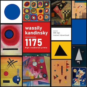 Pode incluir: Uma colagem digital apresentando várias pinturas abstratas de Wassily Kandinsky. O painel central vermelho exibe o texto branco "wassily kandinsky 1175 high-resolution prints" e uma caixa branca com "300 dpi instant download".