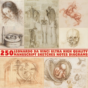 May include: A collection of 250 high-quality sketches and diagrams by Leonardo da Vinci. The images include anatomical drawings of a human skeleton, a horse, a human skull, and a foetus in the womb. There are also drawings of mechanical inventions.
